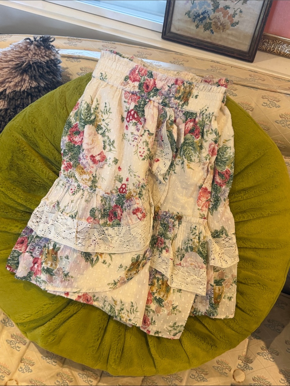 LoveShackFancy Cream Floral Tiered Ruffle Mini Skirt